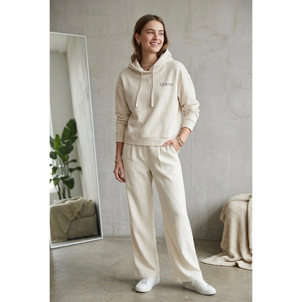 Quince SuperSoft Fleece Pullover Hoodie Cream Oatmeal Modal Blend Small NSC01